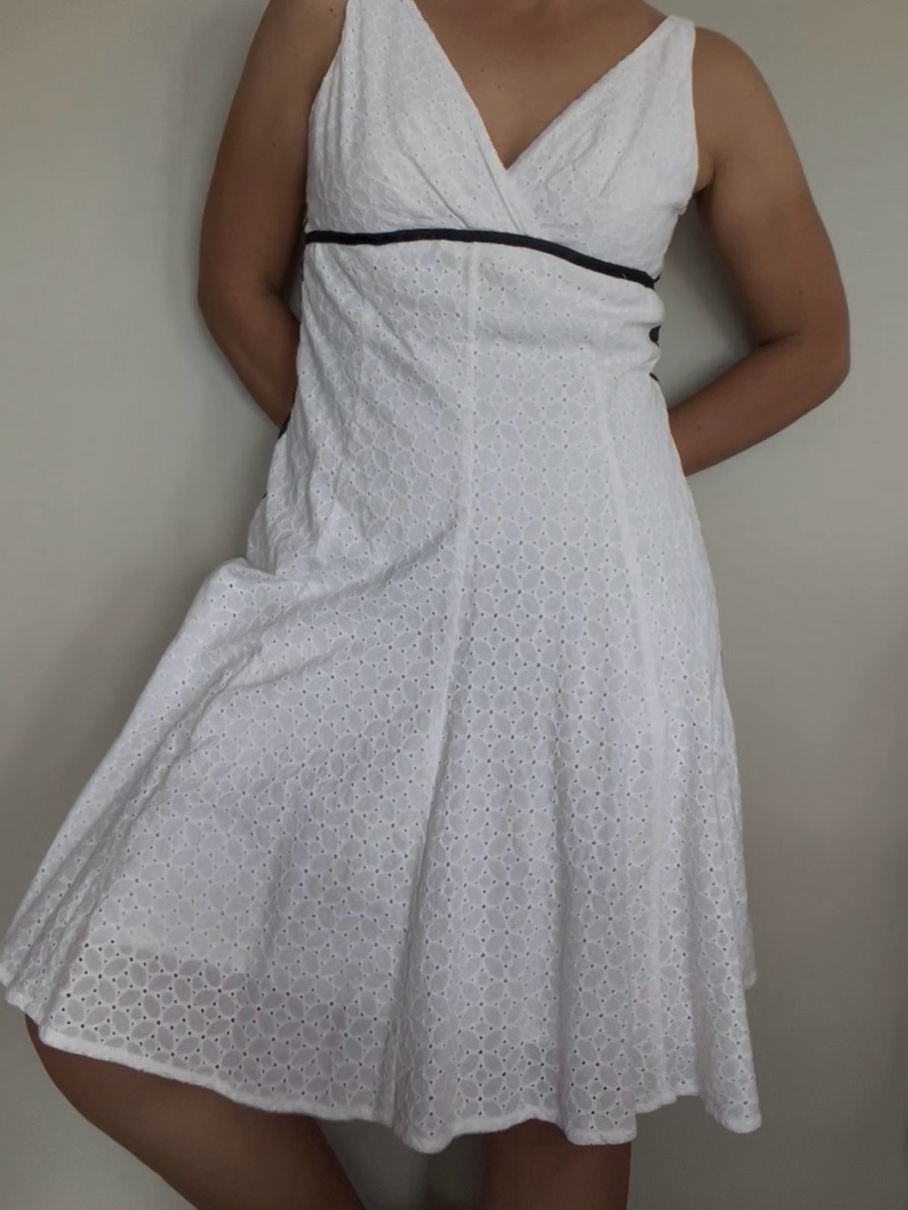 American Living White Eyelet Midi Dress with Black Waist Band